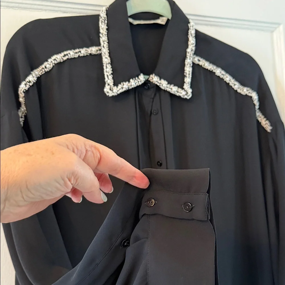 Zara Basic Black Button-Up Blouse with Embellished Collar - Picture 9 of 10